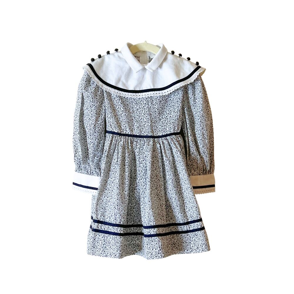 Vintage 70s Girls Dress Size 4 Microfloral Bib Collar Cottagecore Dainty Prairie